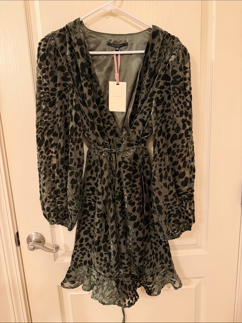 Alex Marie Olive Green Leopard-Print Velvet Wrap Dress